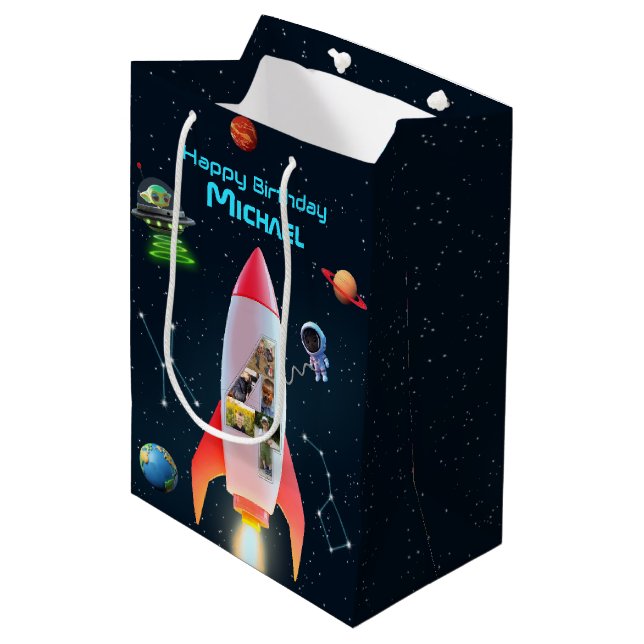 Big Four with Photos | Space Rocket 4th Birthday Medium Gift Bag (Front Angled)