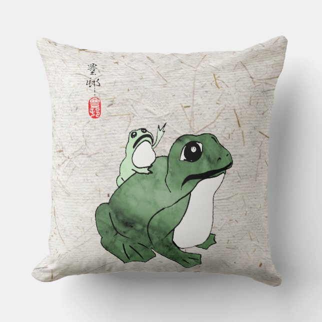 Big Frog Little Japanese Frog Toad 19th Century  Cushion (Front)