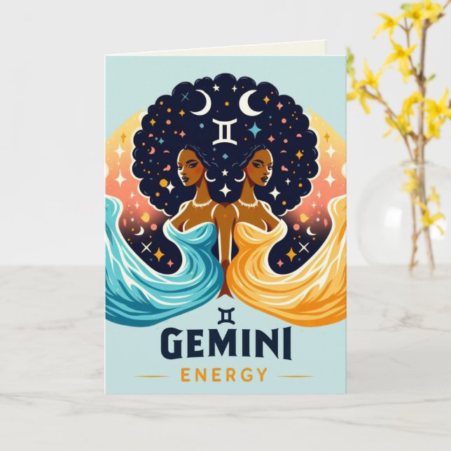 Big Gemini Energy Afro Twin Goddess Birthday Card (Yellow Flower)