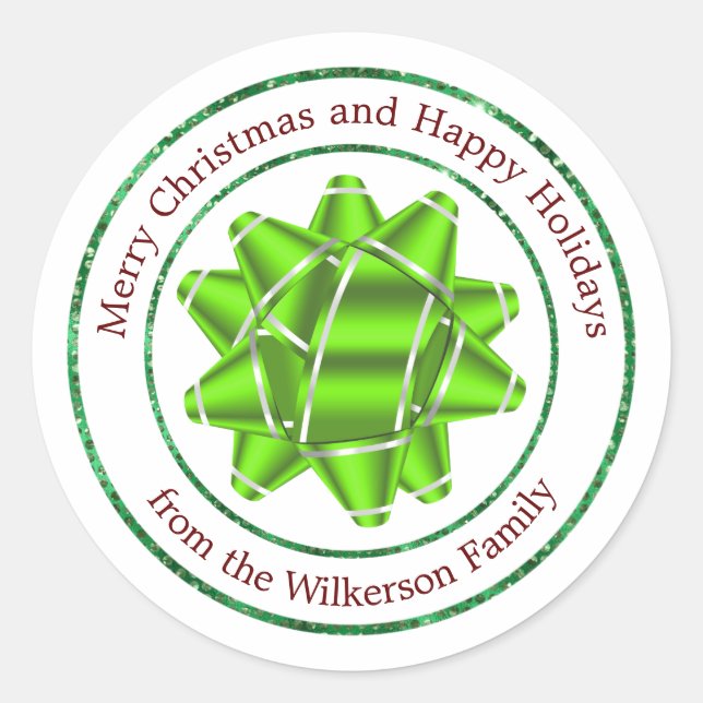 Big Gift Bow and Green Glitter Classic Round Sticker (Front)