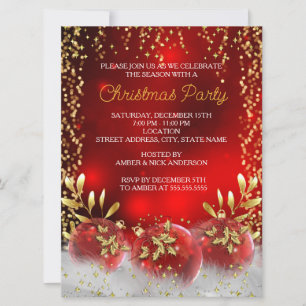 Big Gold Holly Bauble Red Christmas Holiday Party  Invitation