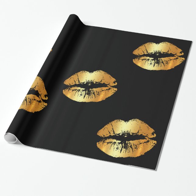 Big golden lips kisses on black wrapping paper (Unrolled)