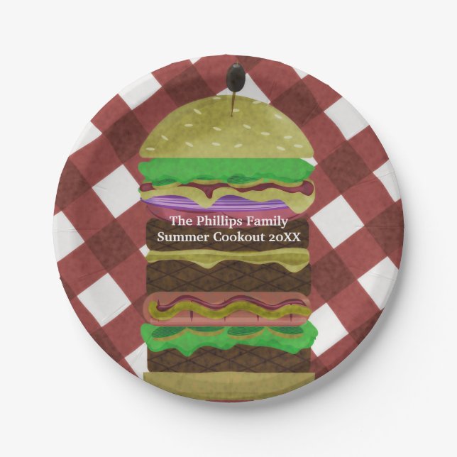 Big Greasy Hamburger Summer Cookout Red BBQ Party Paper Plate (Front)