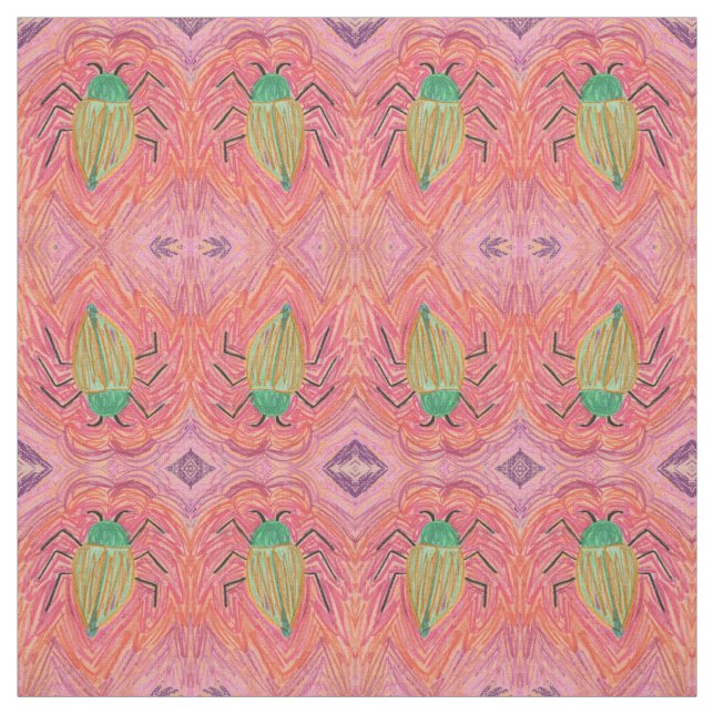 Big Green Beetle Bug on Red Stripe Fabric (Swatch)