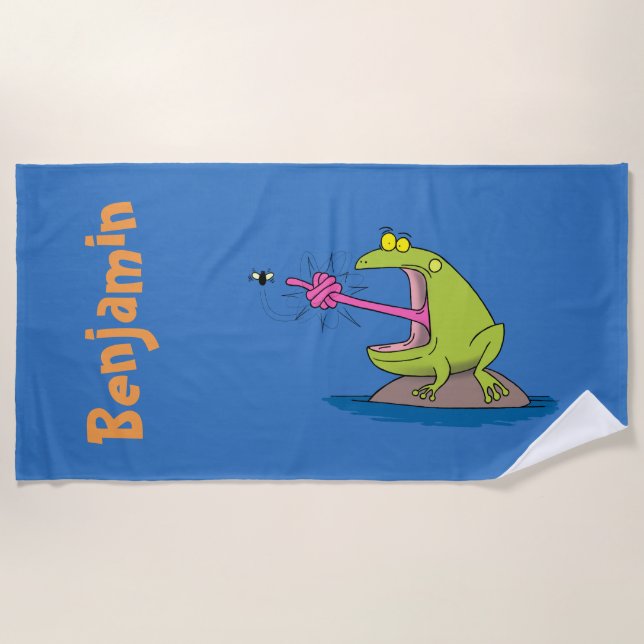 Big green frog catching fly cartoon beach towel (Front)