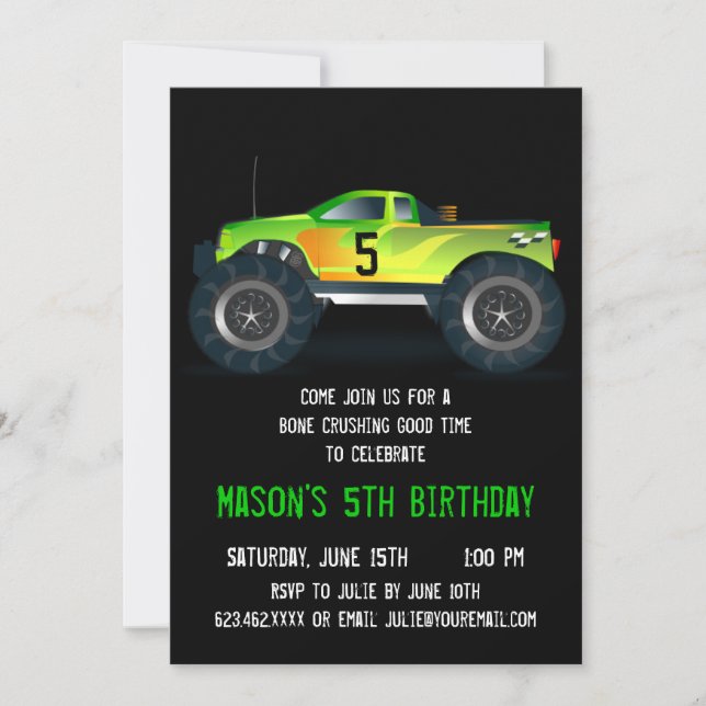 Big Green Monster Truck Birthday Party Invitations (Front)