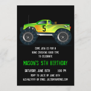 Big Green Monster Truck Birthday Party Invitations