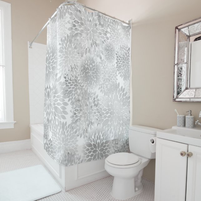 big grey dahlias pattern shower curtain (In Situ)