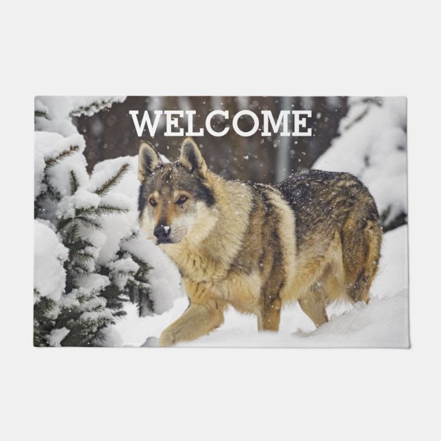 Big Grey Wild Wolf in snow animals Doormat (Front)