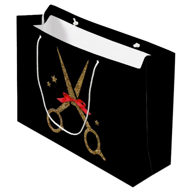 Big HAIR stylist golden glitter scissors gift Large Gift Bag (Front Angled)