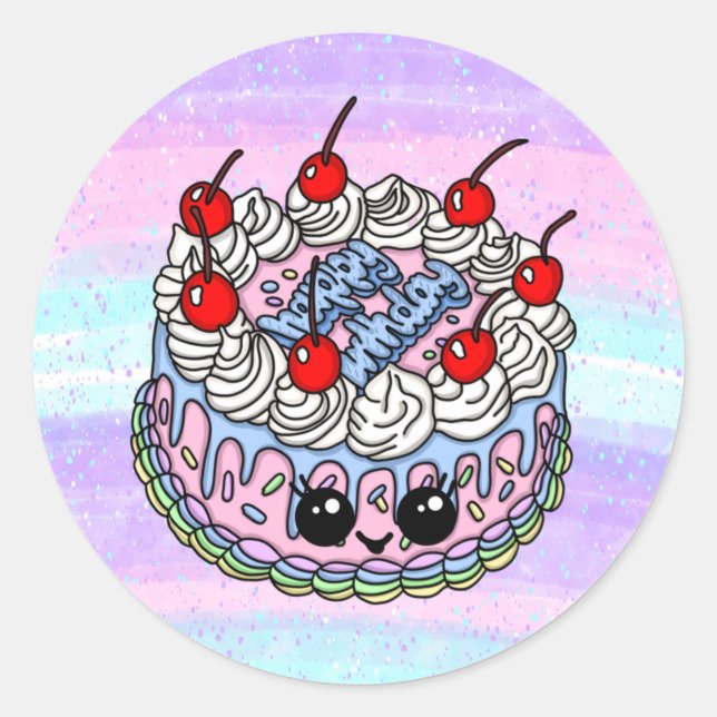 Big Happy Birthday Whimsical Hand drawn Cake    Classic Round Sticker (Front)