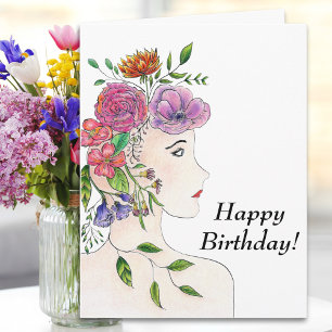 Big Happy Birthday Woman With Flowers Illustration Card