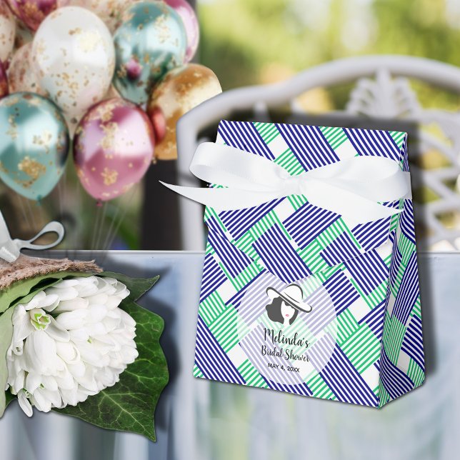 Big Hat Bridal Shower Navy Green Stripes Tent Favour Box (Big Derby hat lady on blue and green diagonal stripes ribboned tent style bridal shower favor boxes)