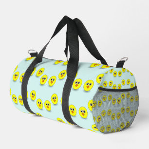 Big head chick on blue duffle bag