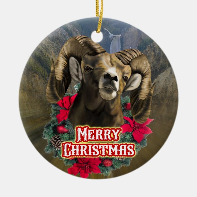 Big Horn Ram Christmas Ceramic Ornament (Front)