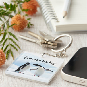 Big hug Penguin on ice photo with text Key Ring