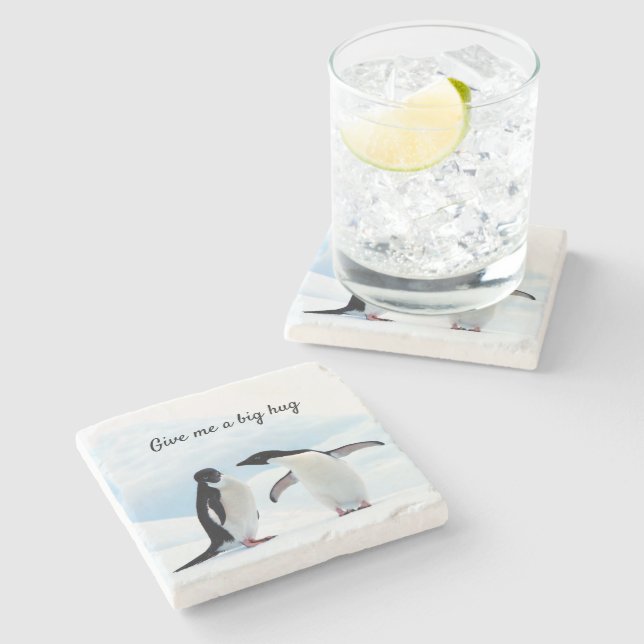 Big hug Penguin on ice photo with text Stone Coaster (Side)