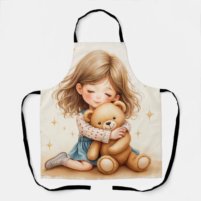 Big Hugs - Cute Girl Hugging Teddy Bear Apron (Front)