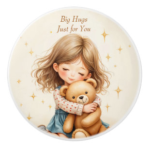 Big Hugs Cute Girl Hugging Teddy Bear Ceramic Knob