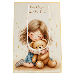 Big Hugs - Cute Girl Hugging Teddy Bear Medium Gift Bag