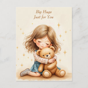 Big Hugs Cute Girl Hugging Teddy Bear  Postcard