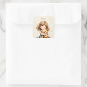 Big Hugs - Cute Girl Hugging Teddy Bear Square Sticker
