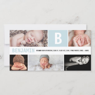 Big Initial Baby Boy Monogram 5 Photo Blue Birth Announcement
