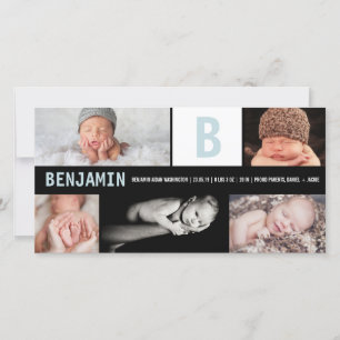 Big Initial Blue Baby Boy Monogram 5 Photo Birth Announcement