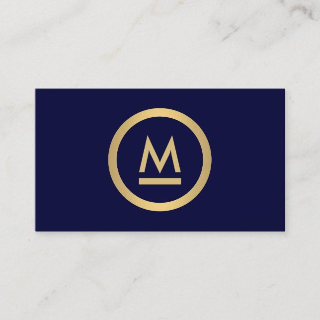 Big Initial Modern Monogram in Faux Gold on Navy Business Card (Front)