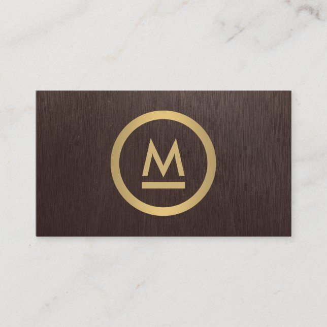 Big Initial Modern Monogram in Faux Gold on Wood Business Card (Front)