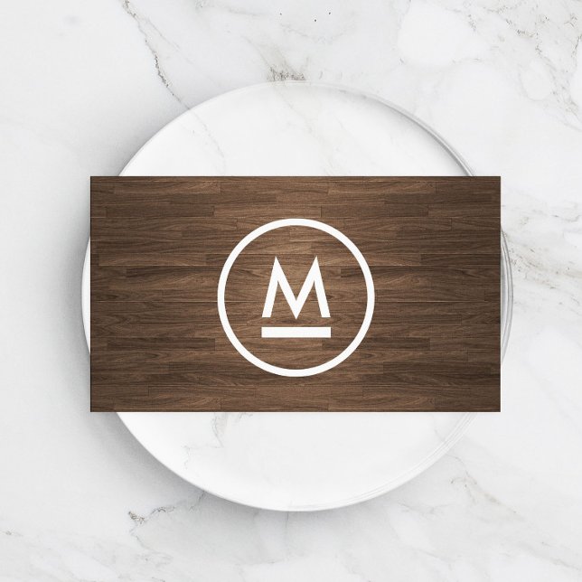 Big Initial Modern Monogram on Brown Wood Business Card (Creator Uploaded)