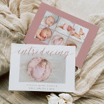 Big Introduction | Photo Birth Announcement<br><div class="desc">Modern elegant birth announcements feature your favourite horizontal or landscape orientated newborn photo with "introducing" across the top in dusty rose calligraphy script lettering. Baby's name and birth stats appear beneath. Add six additional photos to the back in a collage layout,  or delete to leave blank.</div>