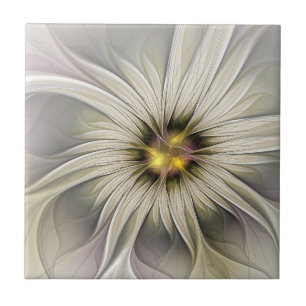 Big Ivory Flower, Abstract Modern Fractal Art Ceramic Tile