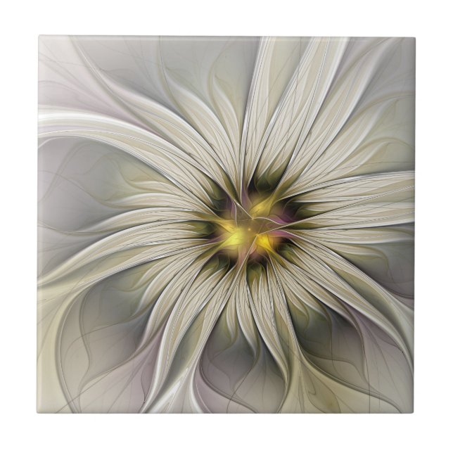 Big Ivory Flower, Abstract Modern Fractal Art Ceramic Tile (Front)
