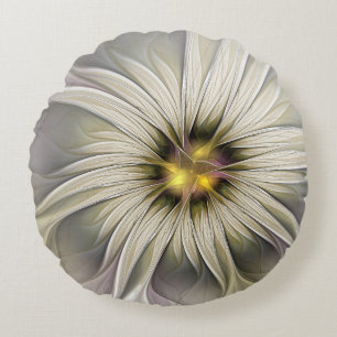Big Ivory Flower, Abstract Modern Fractal Art Round Cushion
