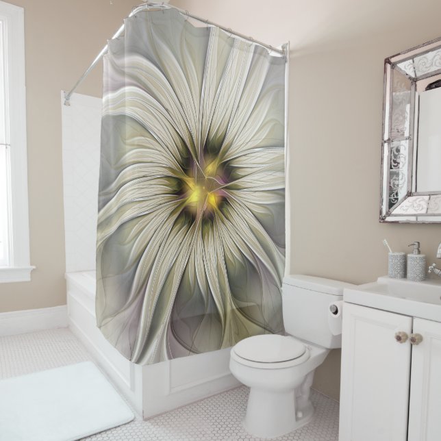 Big Ivory Flower, Abstract Modern Fractal Art Shower Curtain (In Situ)