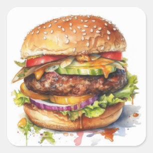 big juicy hamburger - watercolor   square sticker
