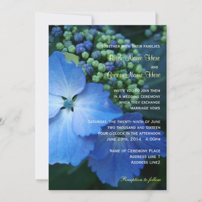 Big leaf blue hydrangea flowers wedding invitation (Front)