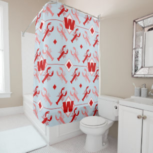 Big Lobster & Red Monogram   Coastal Beach House Shower Curtain