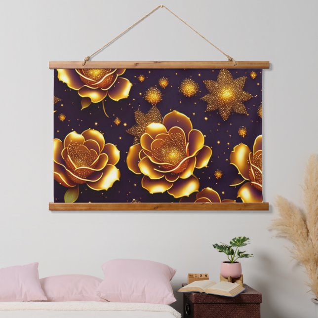Big Luxury Gold Rose Modern Collection Hanging Tapestry (Bedroom)