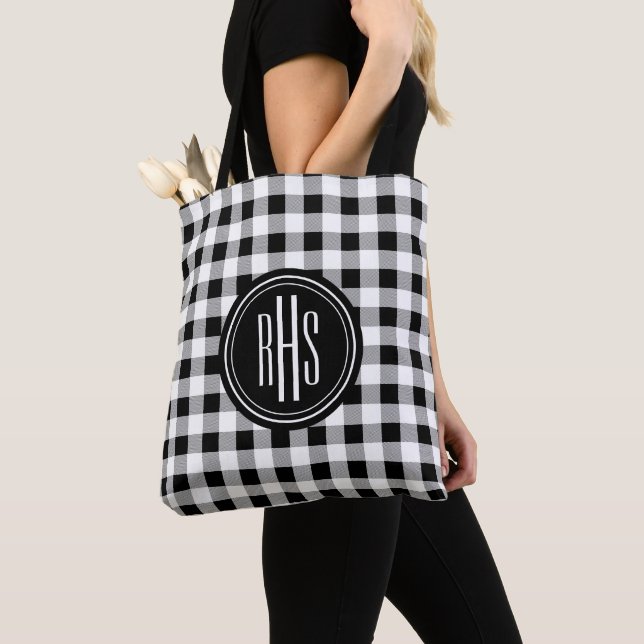 Big Monogram on Buffalo Check Shoulder Tote Bag (Close Up)