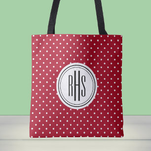 Big Monogram on Red White Swiss Dots Shoulder Tote