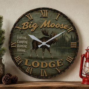 Big Moose Lodge Rustic Cabin Woodland Lake Lodge Large Clock
