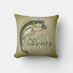 Big Mouth Bass Fish Monogram Cushion