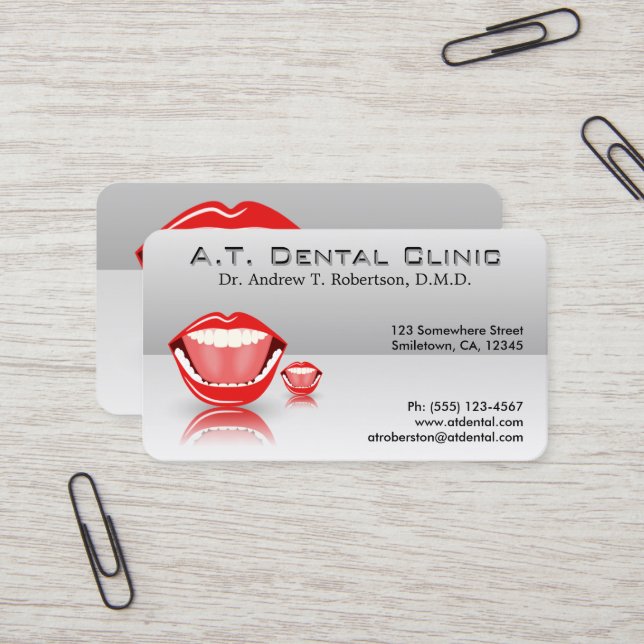 Big Mouth Silver Grey Professional Dentist Dental Business Card (Front/Back In Situ)