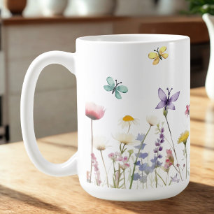 Big mug Watercolor wildflowers and butterflies