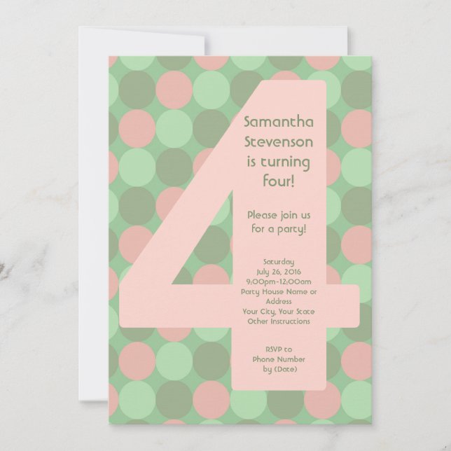 Big Number4 Girl's 4th Birthday Party Invitation (Front)