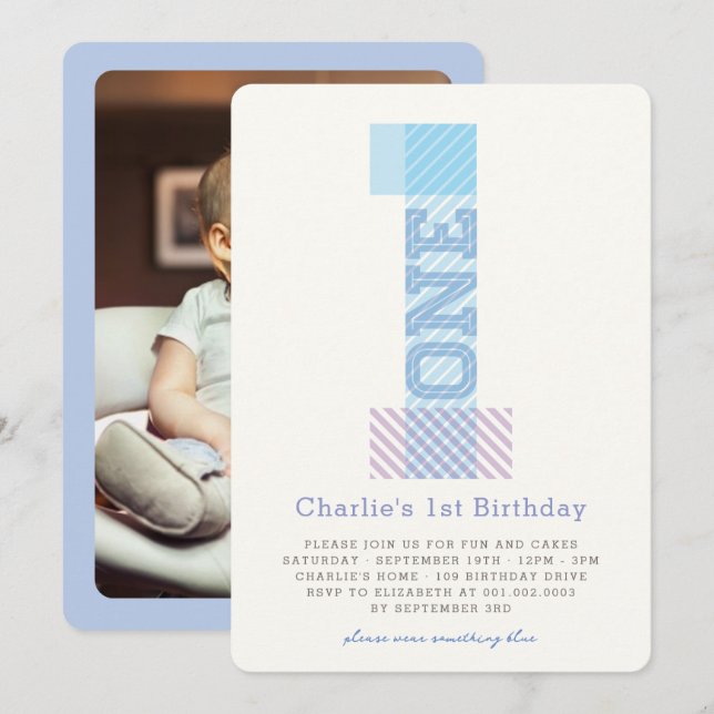 Big Number 1 Stripes Baby Boy 1st Birthday Party Invitation (Front/Back)