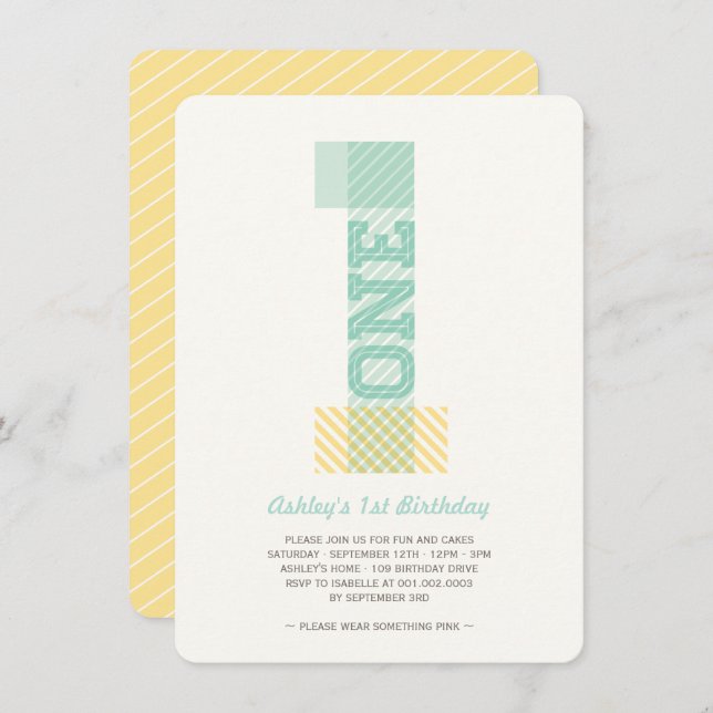 Big Number 1 Stripes Baby Neutral 1st Birthday Invitation (Front/Back)