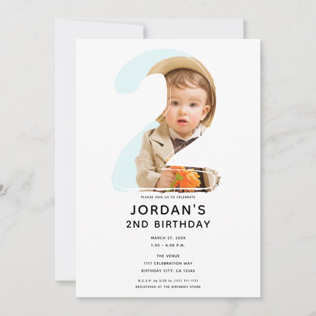 Big Number 2 TWO Photo Second 2nd Birthday Party Invitation (Front)